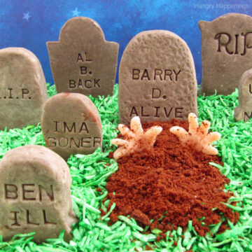 candy tombstones imprinted with funny epitaphs.