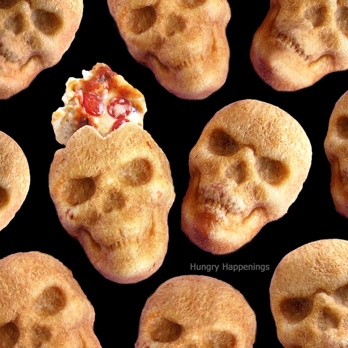 pizza skulls filled with pizza sauce, mozzarella cheese, and mini pepperoni.