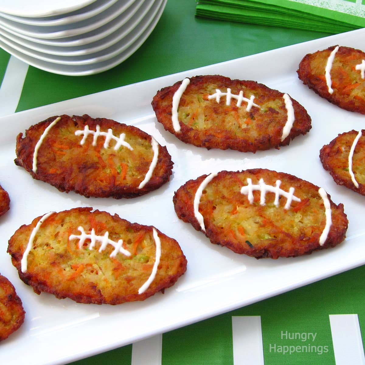 zucchini fritter footballs filled with carrots, potatoes, and zucchini.