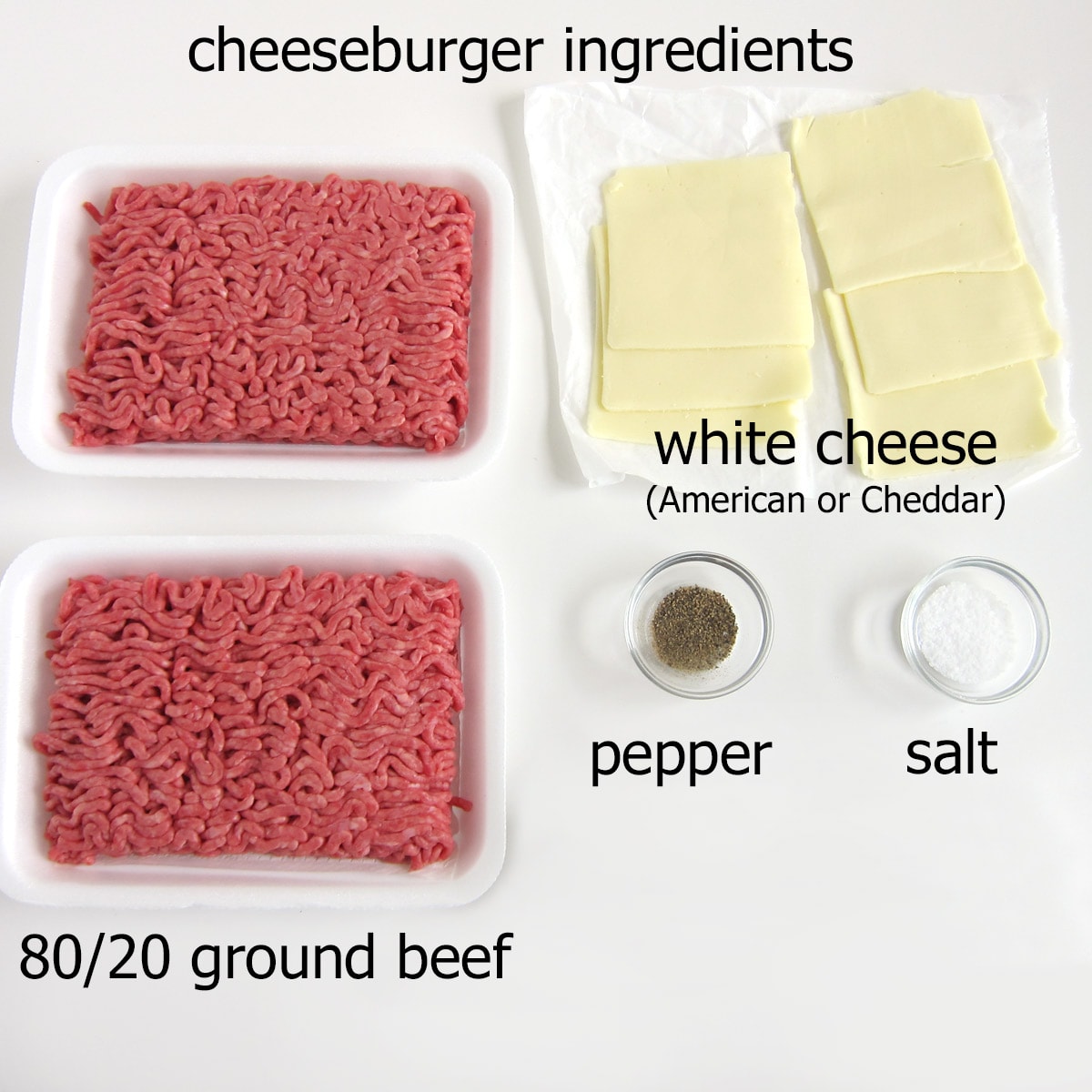 cheeseburger ingredients including ground beef, cheese, pepper, and salt.