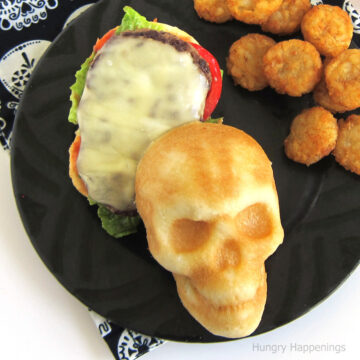cheeseburger skull on a skull-shaped homemade hamburger bun.