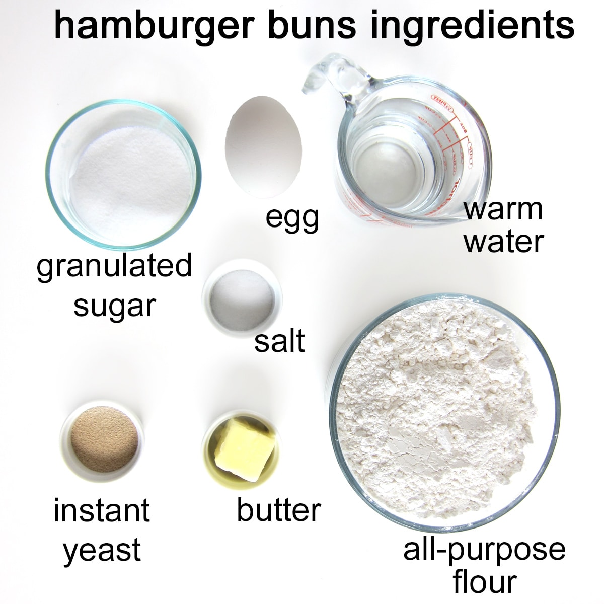 hamburger buns ingredients including sugar, egg, salt, yeast, butter, flour, and water.