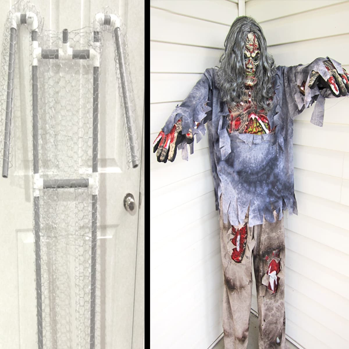 a pvc and chicken wire human frame dressed in a zombie costume. 