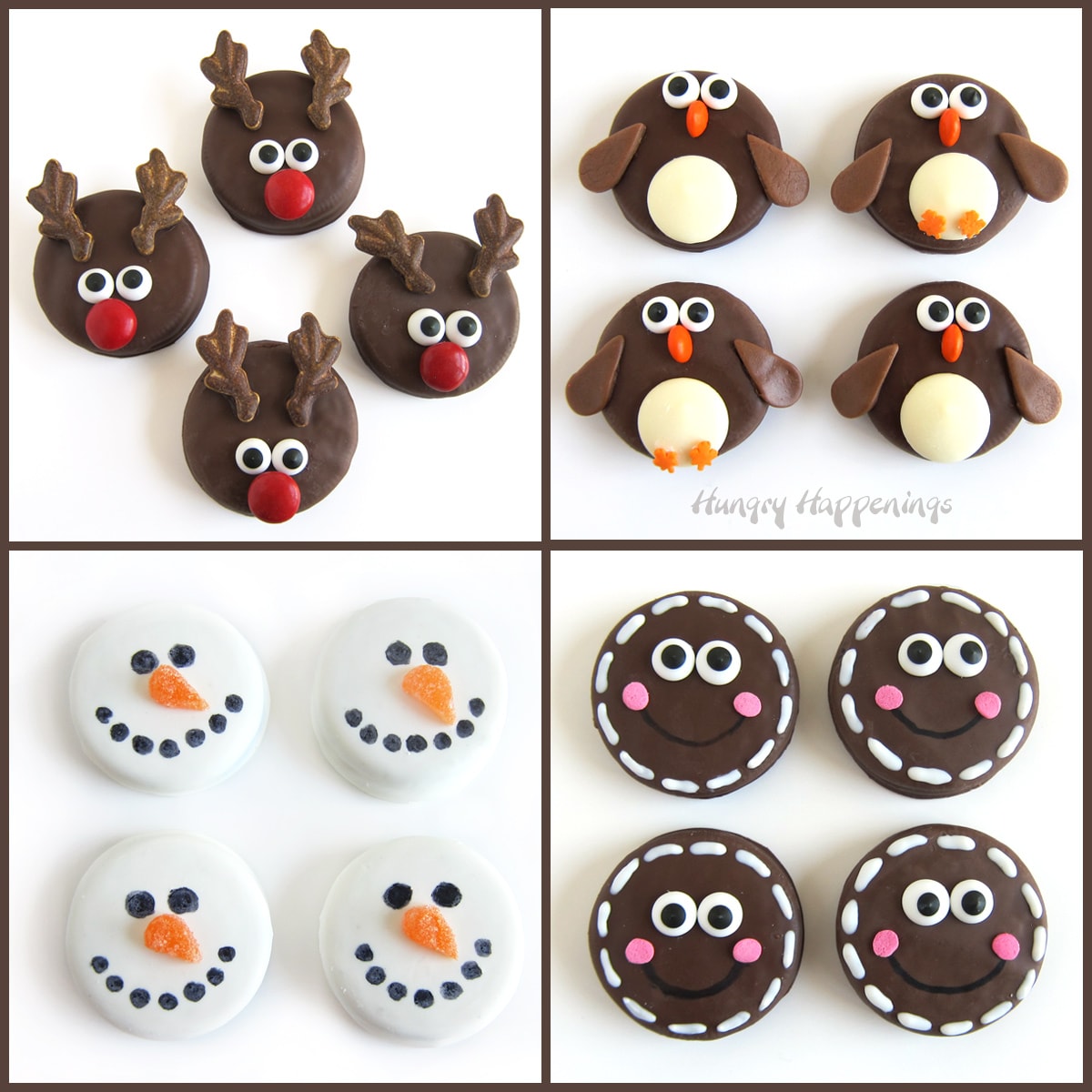 collage of Christmas cookie images including Reindeer OREOs, Penguin OREOs, Snowmen OREOs, and Gingerbread OREOs.