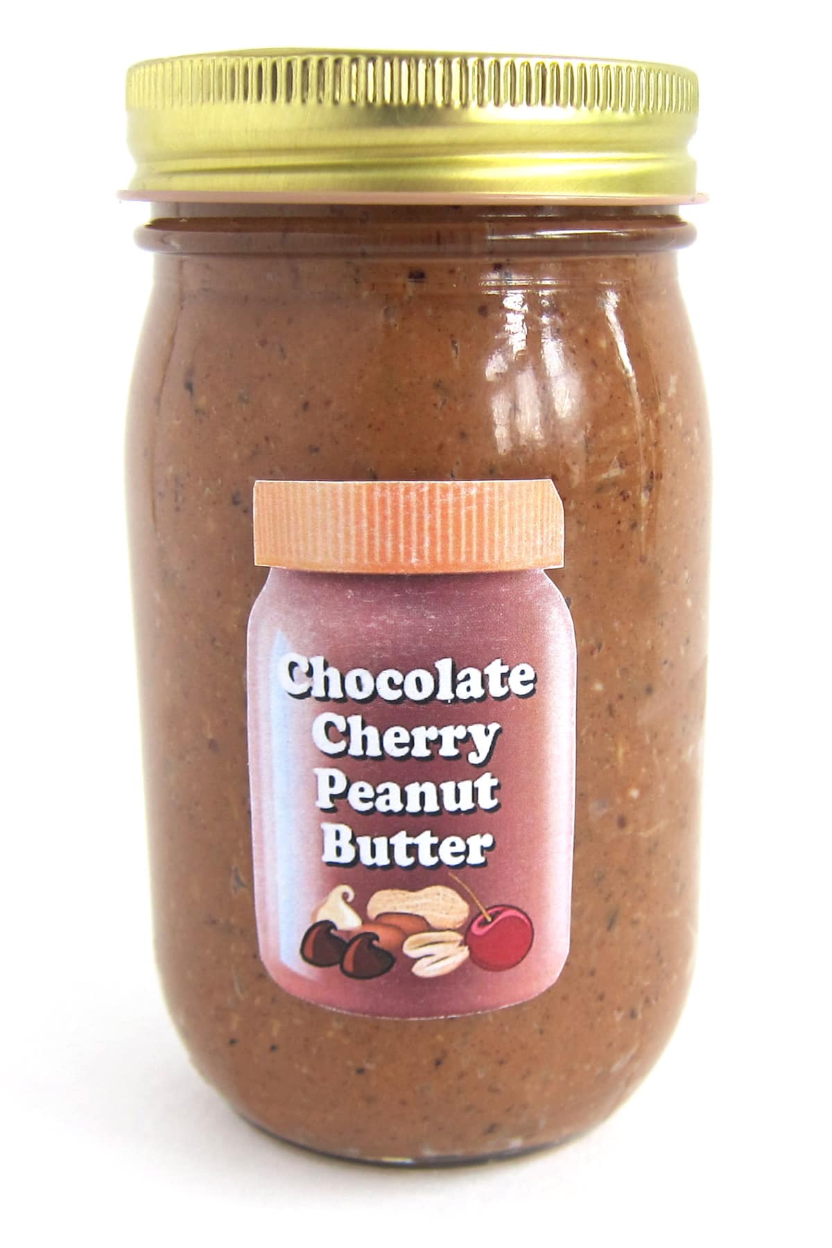 homemade chocolate cherry peanut butter packaged in a glass jar with a label. 
